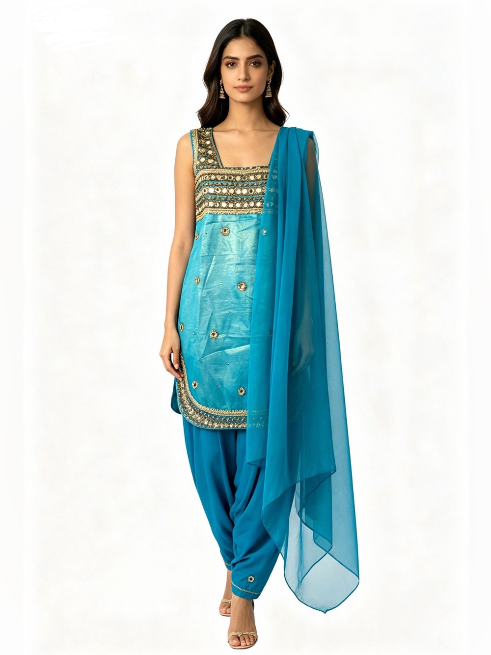 Turquoise Blue Mirror-Work Punjabi Suit - Salwar Kameez Diwali Eid Dress